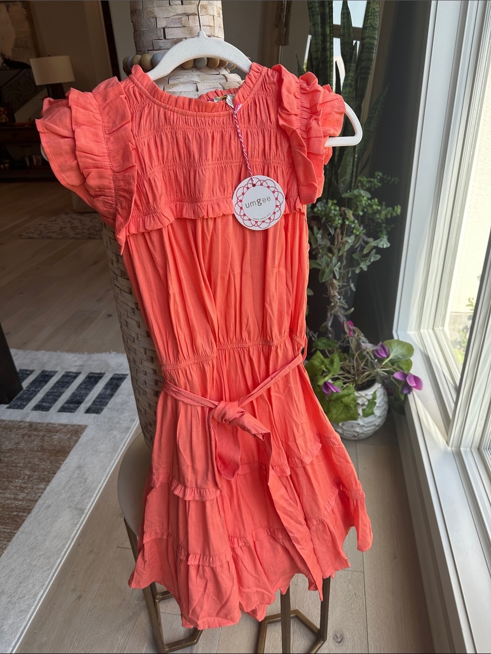 Umgee Coral Ruffle-Sleeve Tie-Waist Mini Dress - Picture 2 of 4